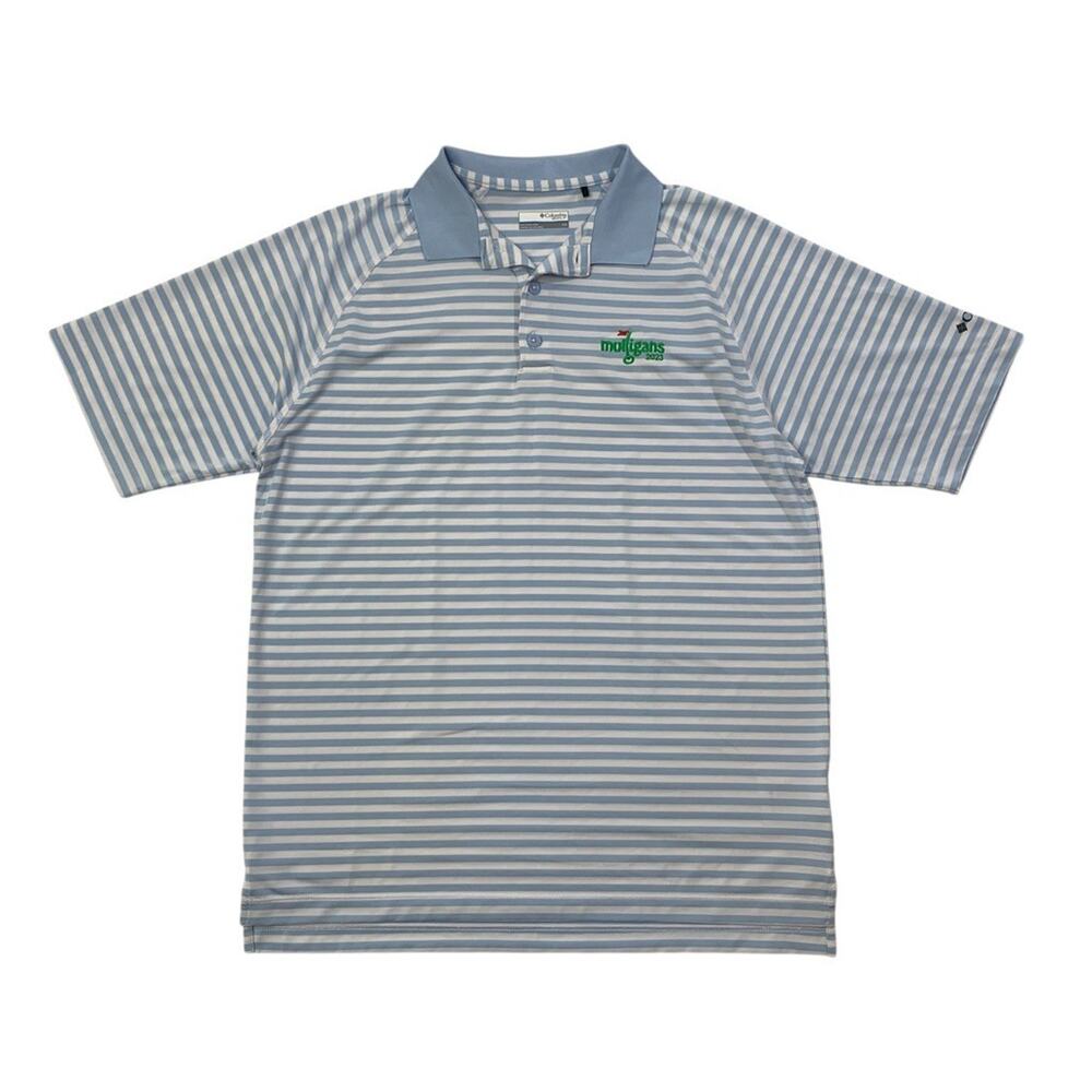 Columbia Polo Shirt Mens Medium White Baby Blue Stripe Omni Wick Mulligans Golf